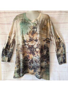Jess & Jane Women's Tunic T-shirt Green Long Sleeve Overprinted Design A-line 2X